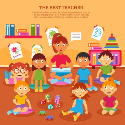 Young kindergarten teacher reading to class of kids in the classroom vector illustration