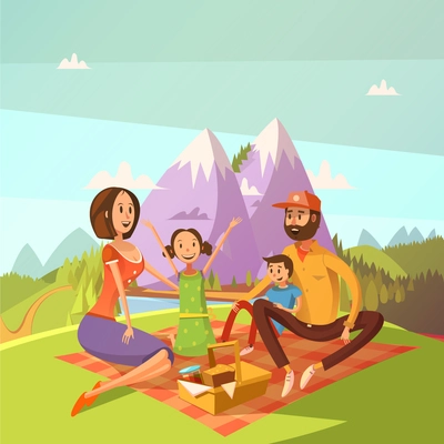 Family having picnic in the mountains background with bread and jam cartoon vector illustration