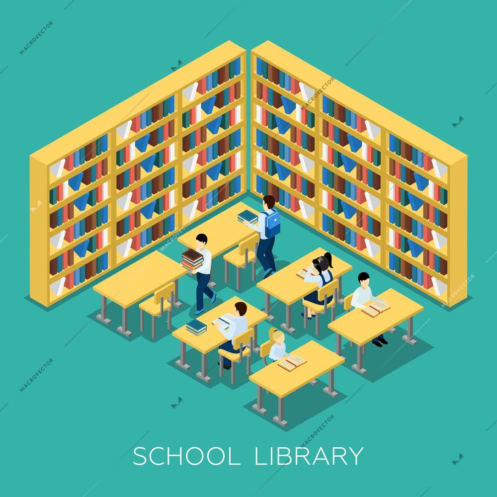 Students studying  and reading books in middle school library with bookshelves educational isometric banner abstract vector illustration