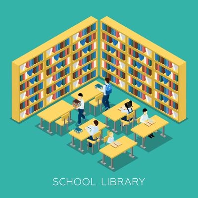 Students studying  and reading books in middle school library with bookshelves educational isometric banner abstract vector illustration