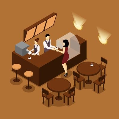 Cafe barista serving young lady customer at the counter isometric banner in brown tints abstract vector illustration