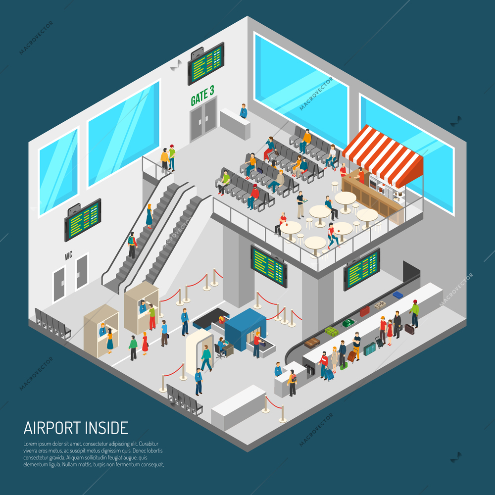 Airport poster of terminal inside presenting arrival hall receipt of baggage inspection zone and other isometric vector illustration