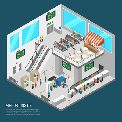 Airport poster of terminal inside presenting arrival hall receipt of baggage inspection zone and other isometric vector illustration