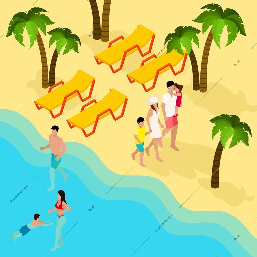 Tropical beach family vacation isometric banner with parents and kids bathing swimming and tanning abstract vector illustration