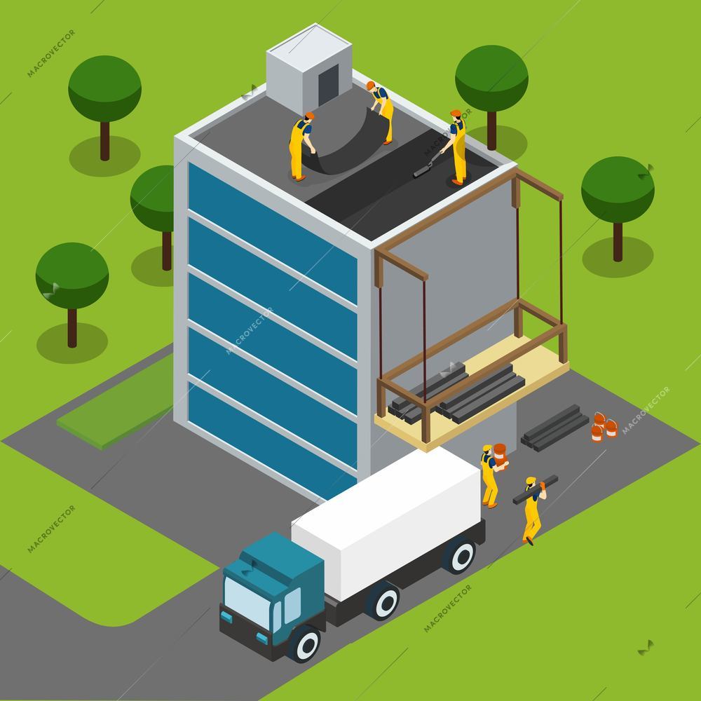 Constructions workers completing modern glass paneled building roof isometric banner with cargo truck abstract vector illustration