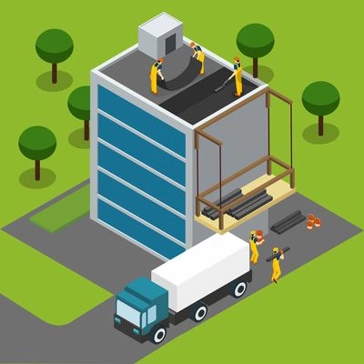 Constructions workers completing modern glass paneled building roof isometric banner with cargo truck abstract vector illustration
