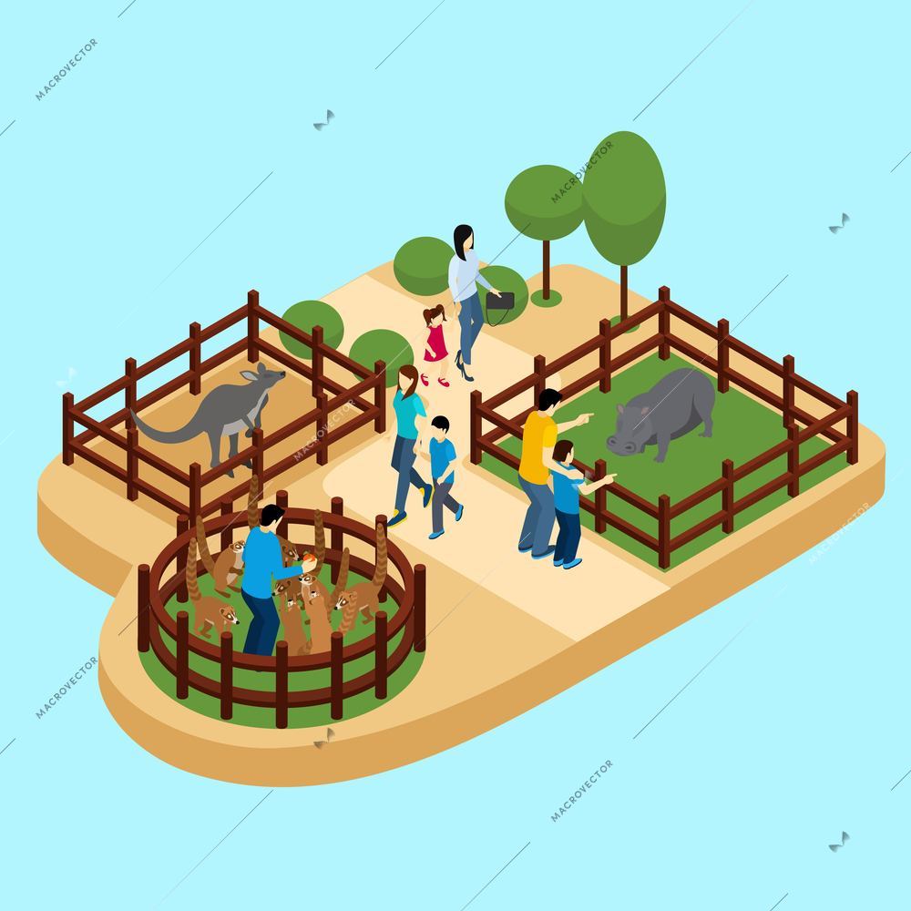 People at the zoo with hippos and lemurs on blue background isometric vector illustration