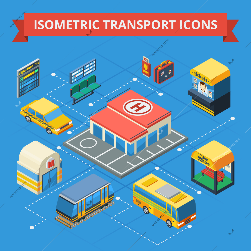 Passenger transportation isometric flowchart with municipal and city transport ticket kiosk station building passenger accessories isolated vector illustration