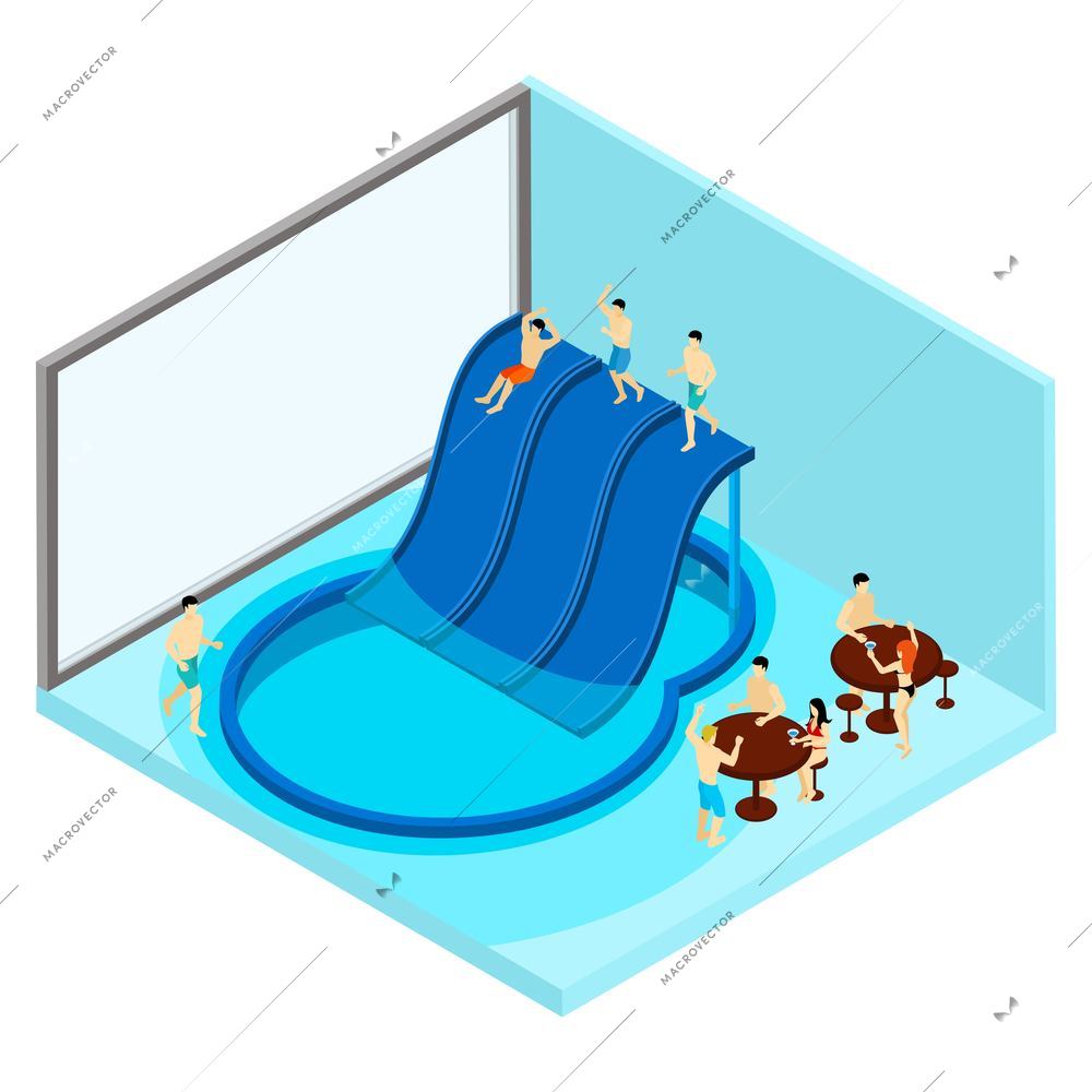 Indoor water park with tables and water slides isometric vector illustration