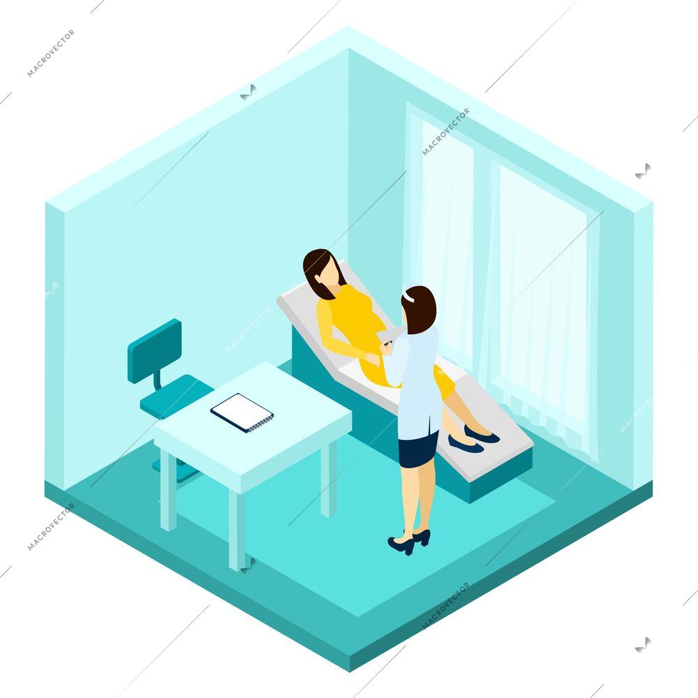 Pregnancy consultation with woman and doctor making notes isometric vector illustration