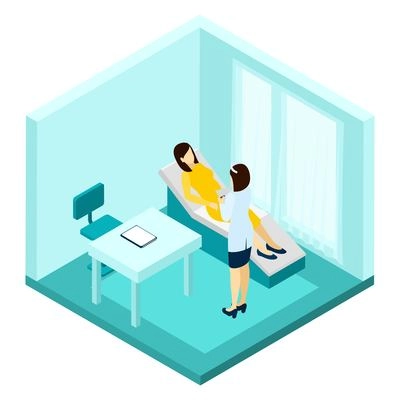 Pregnancy consultation with woman and doctor making notes isometric vector illustration