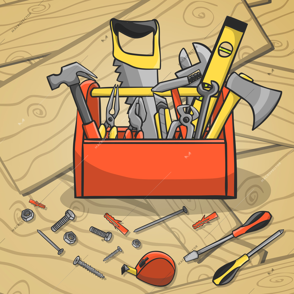 Carpenter toolbox with screwdriver hammer handsaw wrench and scattered instruments on a wooden background vector illustration