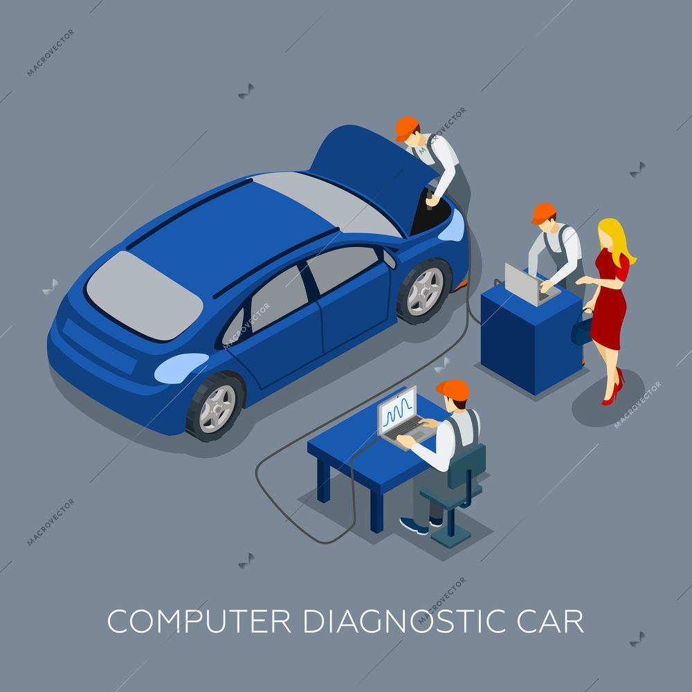 Auto service computer car diagnostic isometric banner with mechanics team and customers design abstract vector illustration