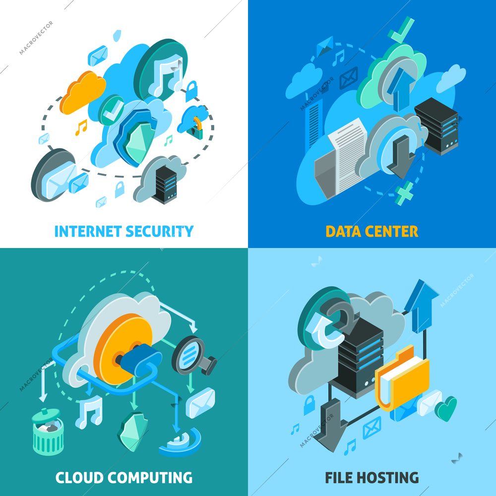 Cloud services concept icons set with data center and internet security symbols isometric isolated vector illustration