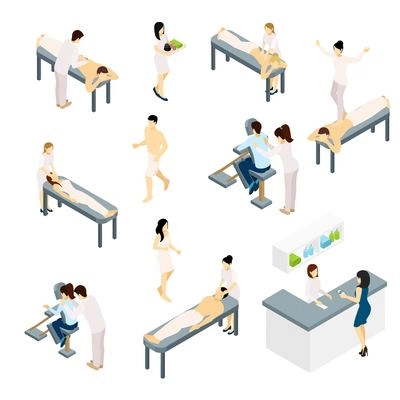 Massage icons set with back shoulders and face massage isometric isolated vector illustration