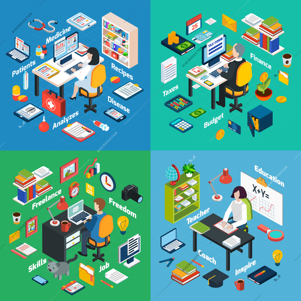 Professional workplaces of freelance photographer teacher and financial  advisor 4 isometric icons square abstract vector isolated illustration