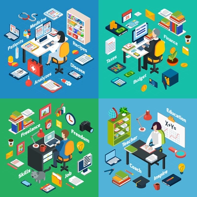 Professional workplaces of freelance photographer teacher and financial  advisor 4 isometric icons square abstract vector isolated illustration