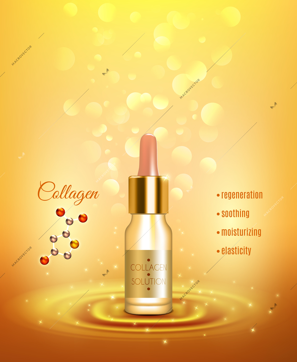 Collagen moisturizing solution pipette bottle for strong nails and smooth skin golden background advertisement poster vector illustration