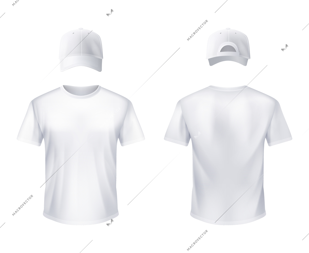 White t-shirt and baseball cap front and back views set realistic design for men illustration vector