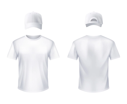 White t-shirt and baseball cap front and back views set realistic design for men illustration vector