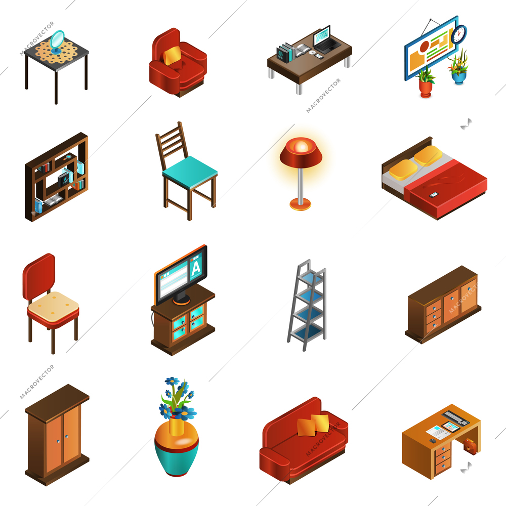 House interior isometric icons set with sofa table and chair isolated vector illustration