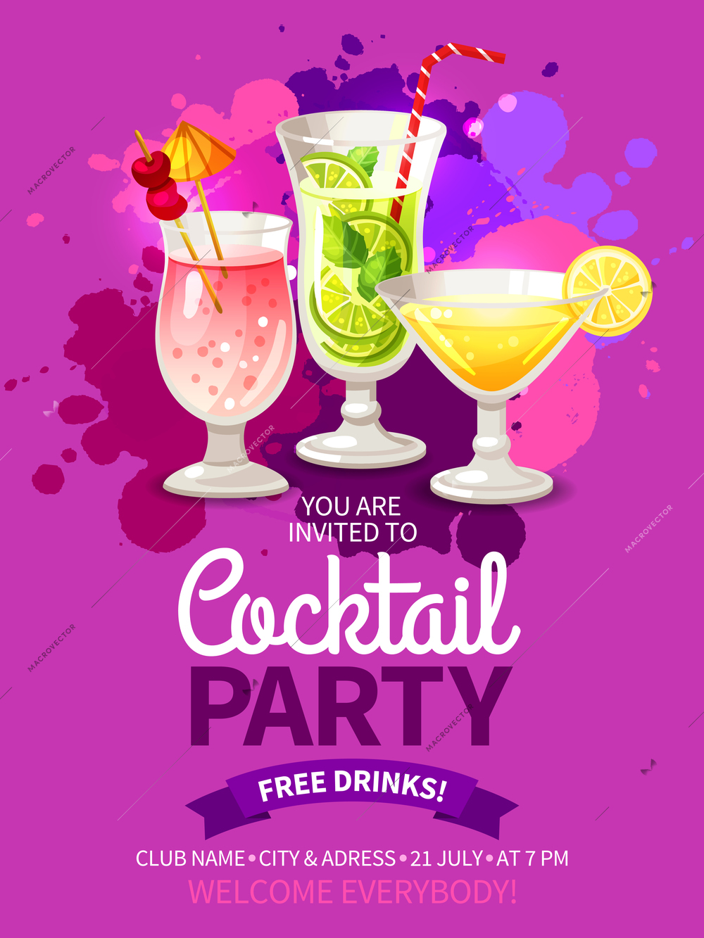 Bright color flyer for invitation to night club cocktail summer party vector illustration