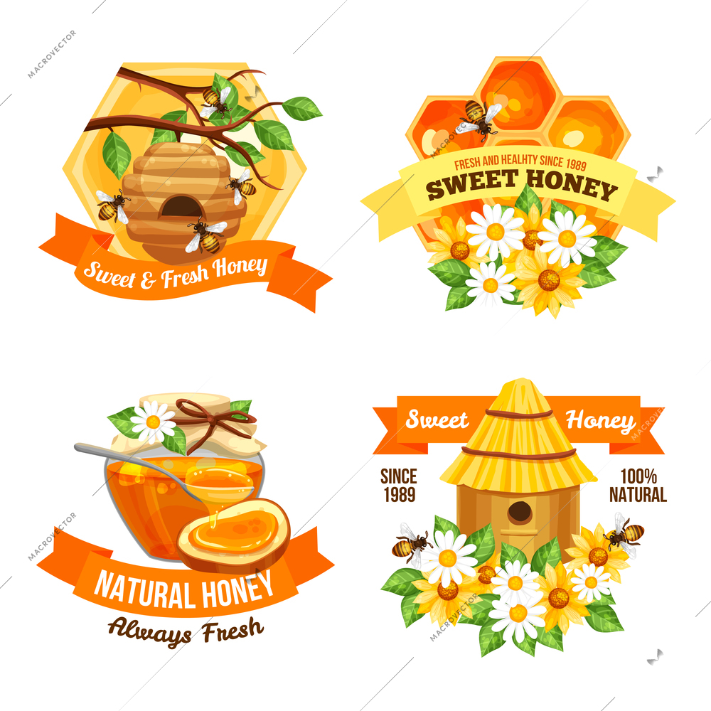 Advertising labels presenting sweet and fresh natural honey with hive bees honeycomb and  jar of honey vector illustration