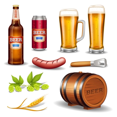 Beer realistic icons collection with bottle glass mug keg sausage and hop cones isolated vector illustration