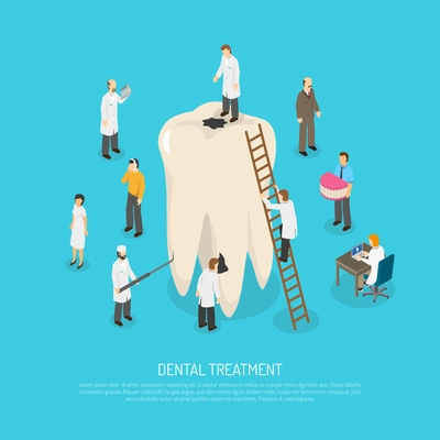 Concept illustration depicting big bad tooth among small figures of doctors and patient vector illustration