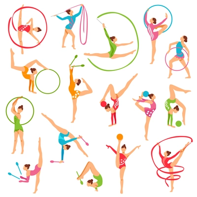 Set of color girl figures performing gymnastic exercises with mace hoop and tapes on white background isolated vector illustration