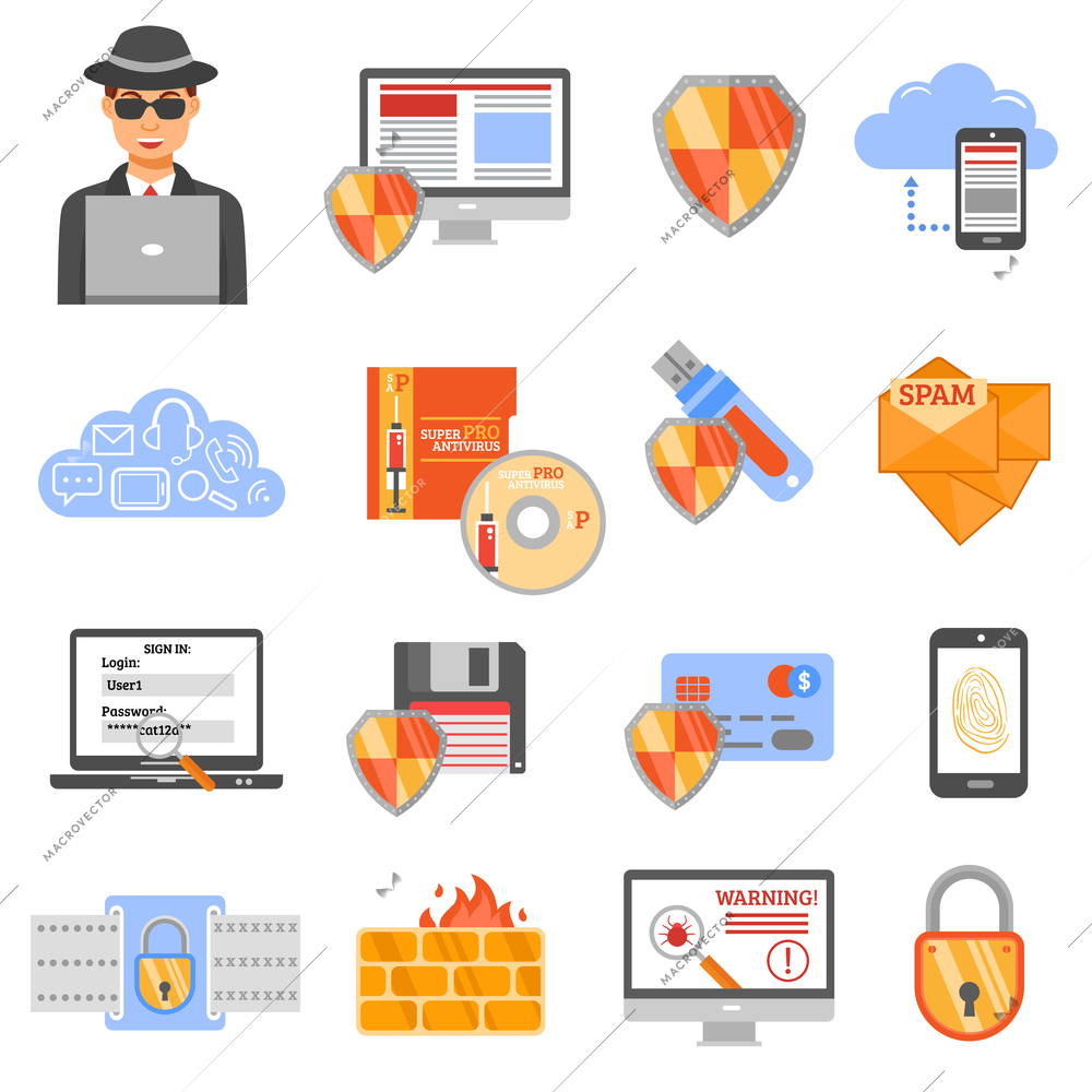 Network security isolated flat color icons with antivirus disk drive firewall protection spam shield and padlock symbols vector illustration