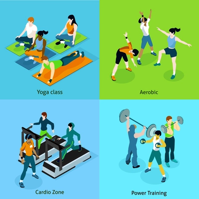 Fitness aerobic isometric icons set with description women on yoga class aerobic cardio zone and mans on power training vector illustration