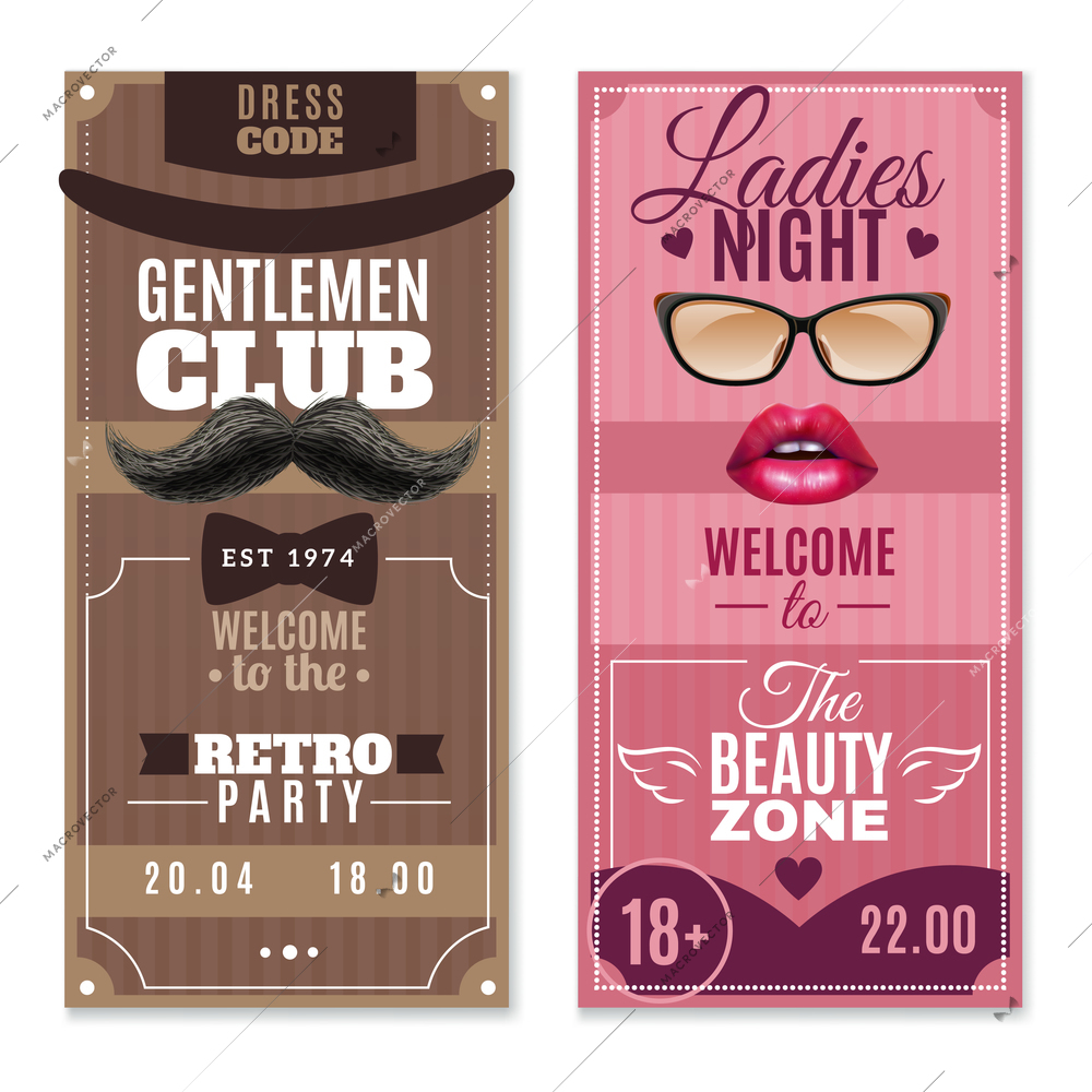 Gentlemen club retro party and ladies beauty zone night 2 flat posters set abstract vector illustration poster