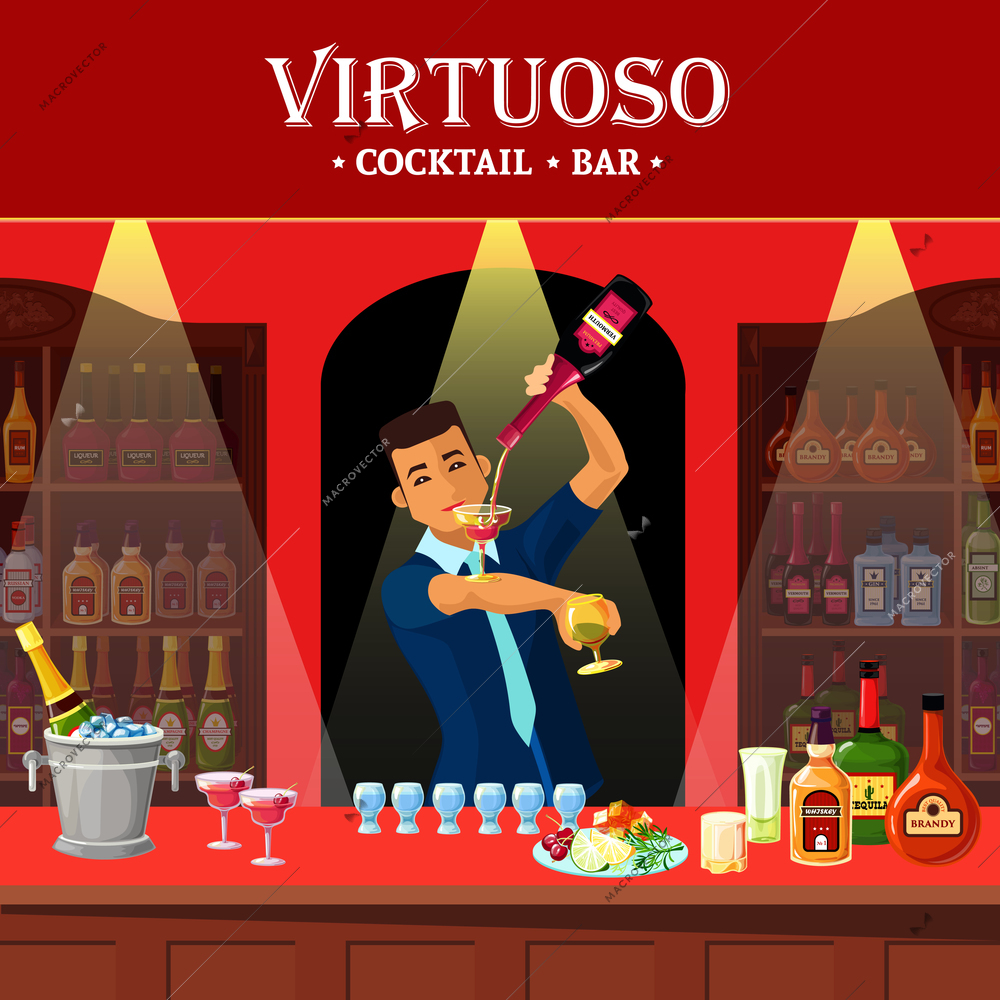 Original design flat illustration showing virtuoso barmen at cocktail bar counter vector illustration