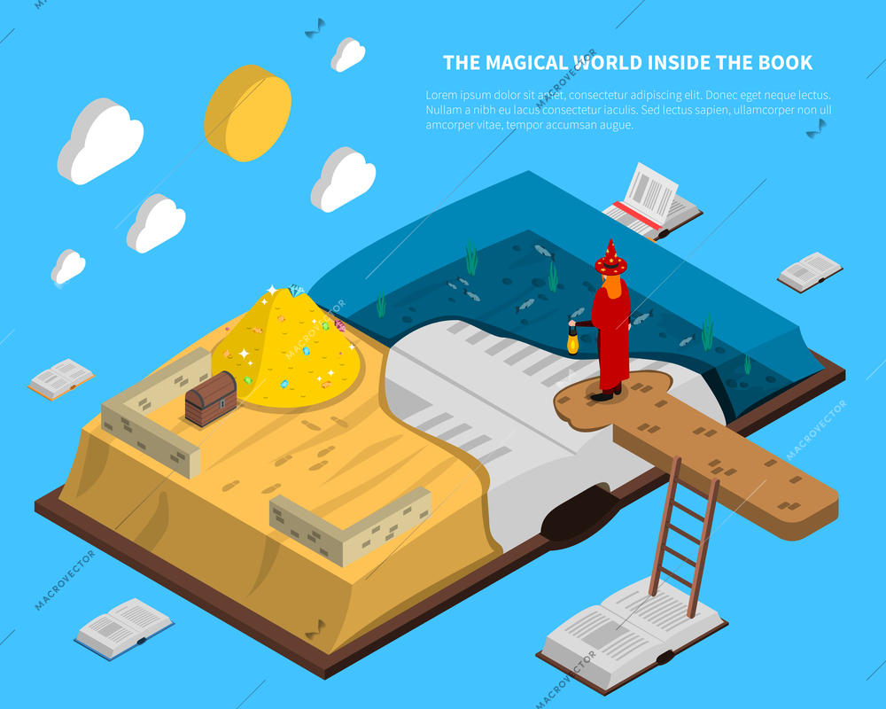 Magical world inside book isometry with treasures and sea at pages on blue background vector illustration