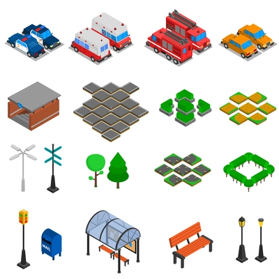 City infrastructure isometric elements set of  bench pavement tile mailbox lamp post traffic light office cars underpass bus stop vector illustration