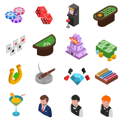 Casino gambling isometric icons set of cards chips dice horseshoe and croupier isolated vector illustration