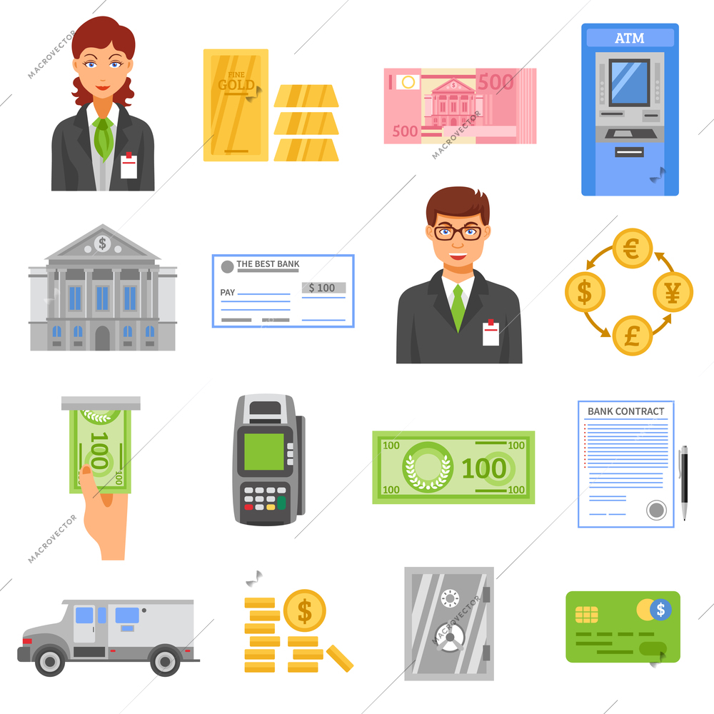 Bank flat color icons set of coins safe box armored truck contract page bank building isolated vector illustration