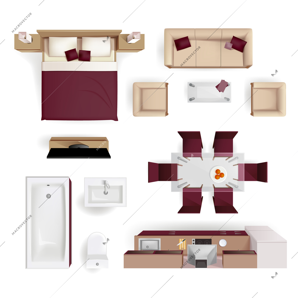 Modern apartment living room bedroom and bathroom furniture design elements top view image realistic vector illustration