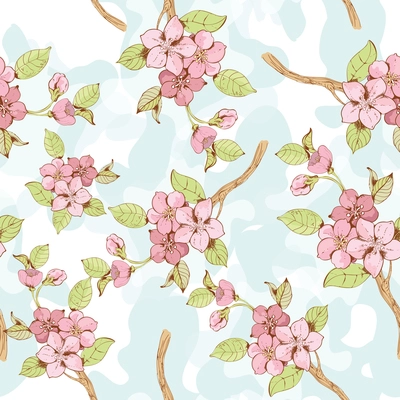 Blooming sakura tree branch seamless pattern with blue blotchiness on background vector illustration