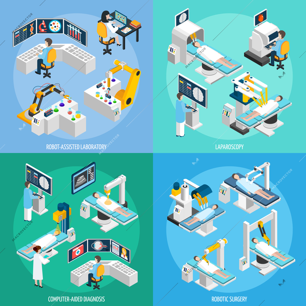 Medical robots 2x2 design concept set of robot assisted laboratory equipment for computer diagnostic laparoscopic operation and robotic surgery isometric vector illustration