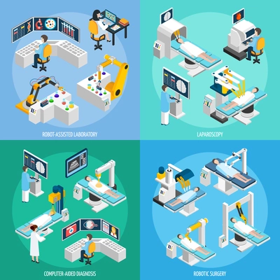 Medical robots 2x2 design concept set of robot assisted laboratory equipment for computer diagnostic laparoscopic operation and robotic surgery isometric vector illustration