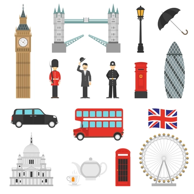 London landmarks weather and english traditions symbols isometric icons collections with big ban abstract isolated vector illustration