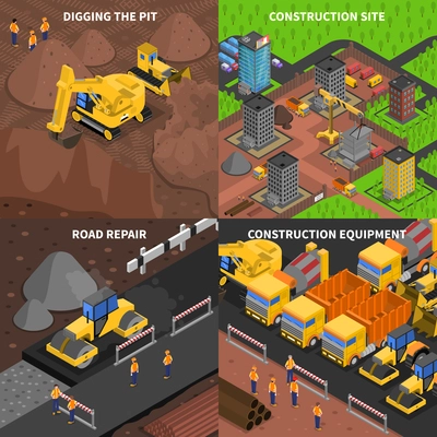 General construction concept  isometry with scenes of digging equipment site and road repair isolated vector illustration