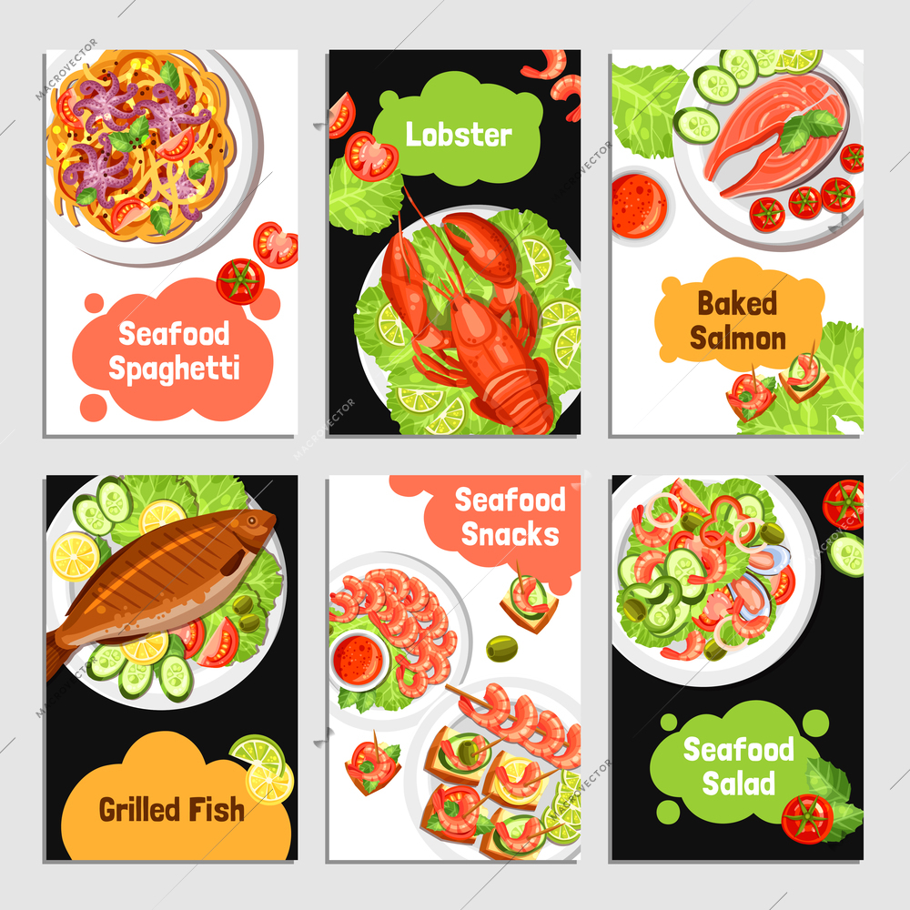 Color cards with title of seafoods for banner vector illustration