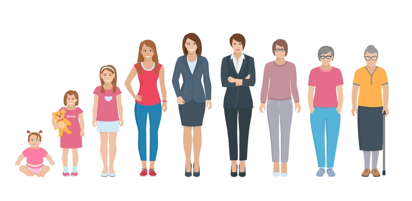 Different generations full length silhouette european women isolated set vector illustration