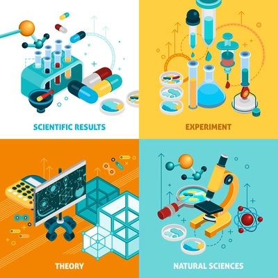 Science concept icons set with experiment and results symbols isometric isolated vector illustration