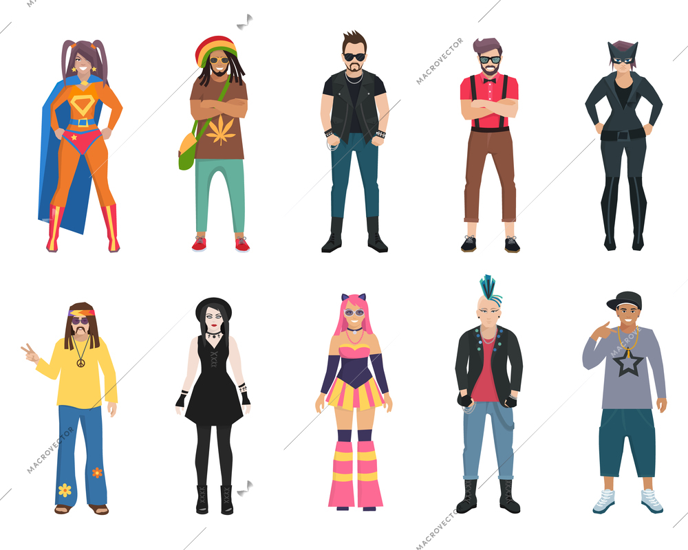 Different subcultures trendy full length man and woman isolated icons set vector illustration