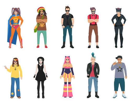 Different subcultures trendy full length man and woman isolated icons set vector illustration