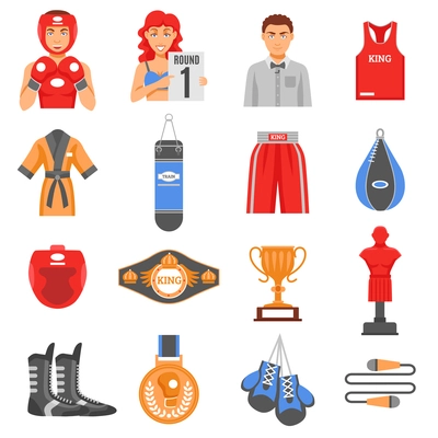 Boxing ammunition flat color icons set  of clothes elements training equipment and championship prizes isolated vector illustration